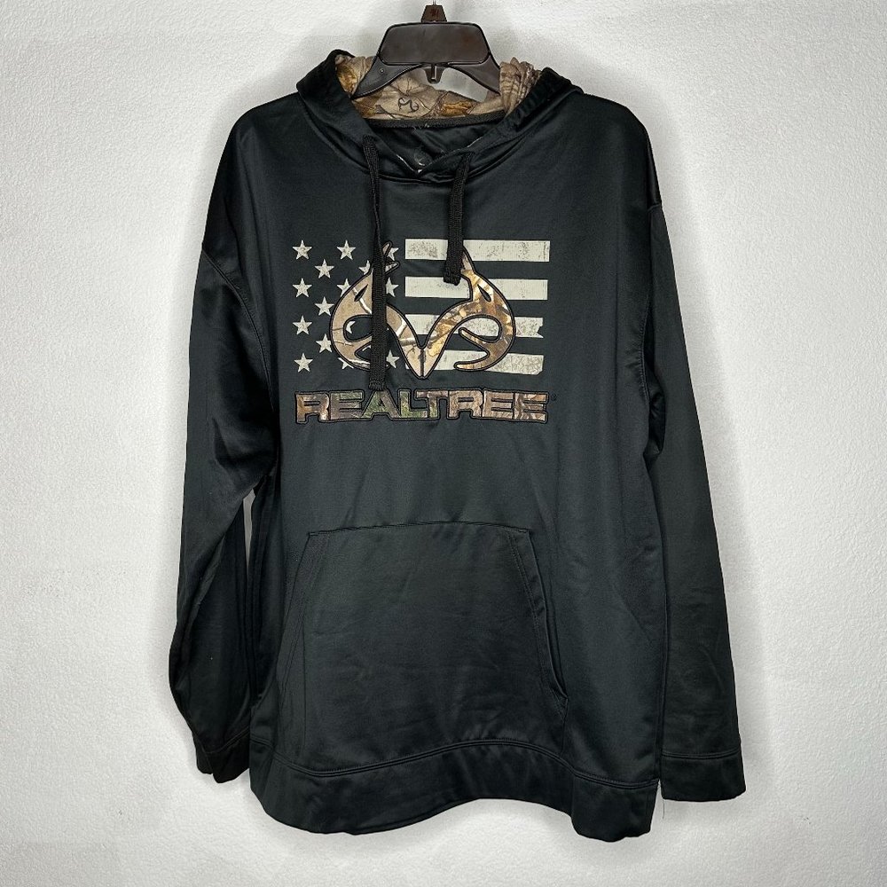 Realtree Hoodie Mens XL Black Antlers Camo American Flag Sweatshirt Hunting